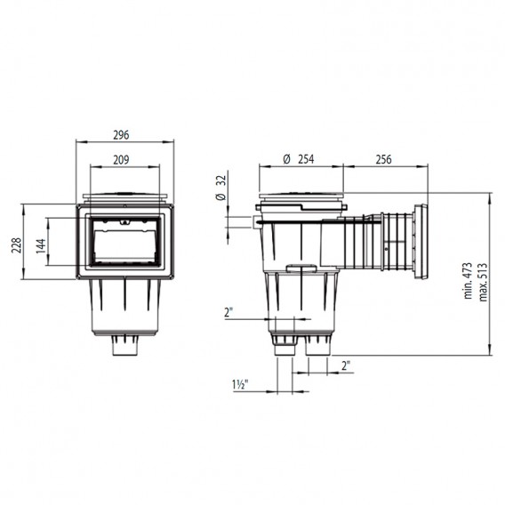 Dimensiones skimmer 17,5 l boca standard alargo tapa cuadrada piscina hormigón AstralPool