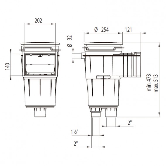 Dimensiones skimmer 17,5 l boca standard tapa cuadrada piscina hormigón AstralPool