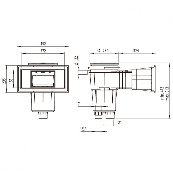 Dimensiones skimmer 17,5 l boca ancha tapa cuadrada piscina hormigón AstralPool