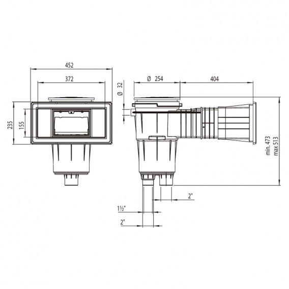 Dimensiones skimmer 17,5 l boca ancha alargo tapa cuadrada piscina hormigón AstralPool